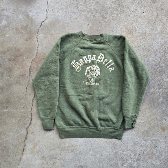 Vtg Faded Army Green Kappa Delta Flock Print Sweatshirt